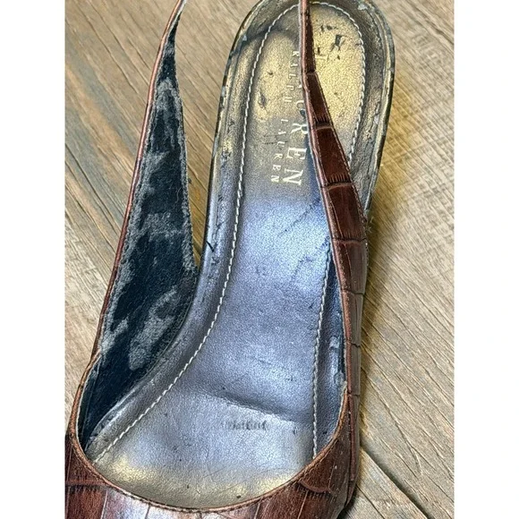Brown Leather Slingback Heels Pointed Toe Classic Lauren Ralph Lauren 8.5 - Picture 7 of 11